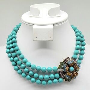 Heidi Daus Multicolor Swarovski Crystal Flower Necklace w/ Turquoise Glass Beads